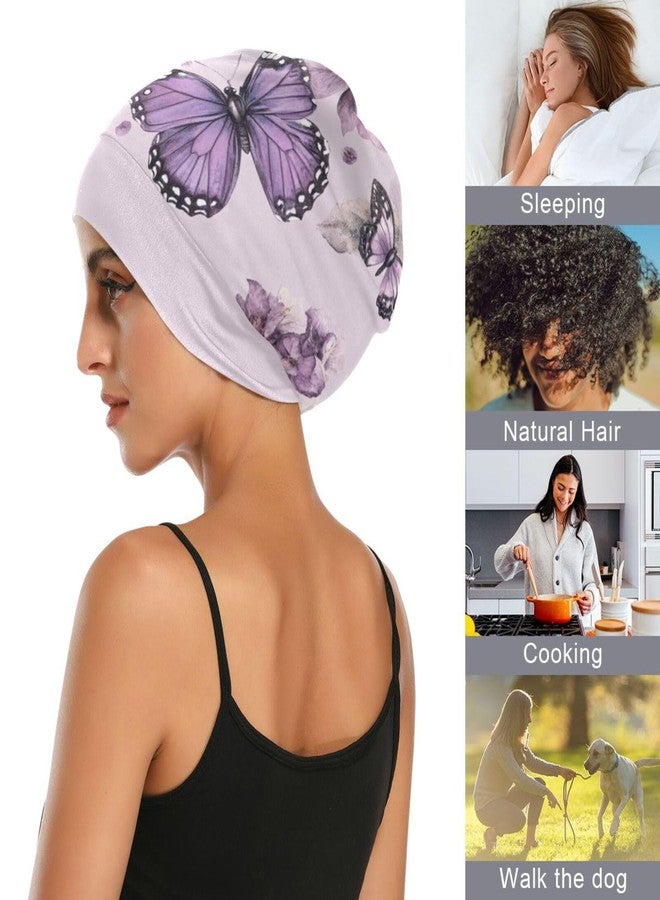 ElliTarr Beanie Hat Satin Bonnet Lined Sleep Cap Hair Wrap Cover Slouchy Beanie for Curly Hair Protection for Gifts for Men Women Pastel Purple Butterflies and Vintage Flowers - Image 5